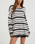 Slouchy Striped Tunic Sweater With Drop Shoulders - Black