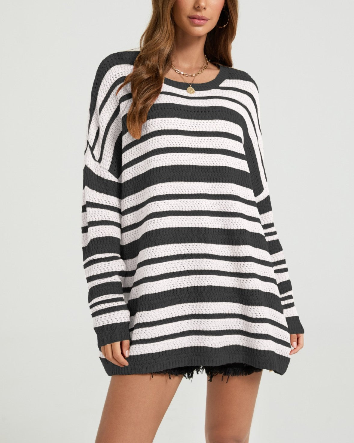 Slouchy Striped Tunic Sweater With Drop Shoulders - Black