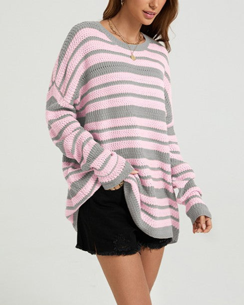 Slouchy Striped Tunic Sweater With Drop Shoulders - Pink - 1