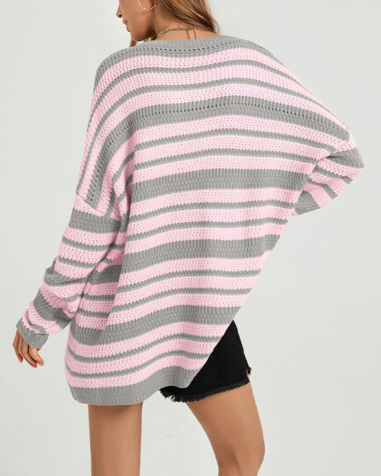 Slouchy Striped Tunic Sweater With Drop Shoulders - Pink - 2