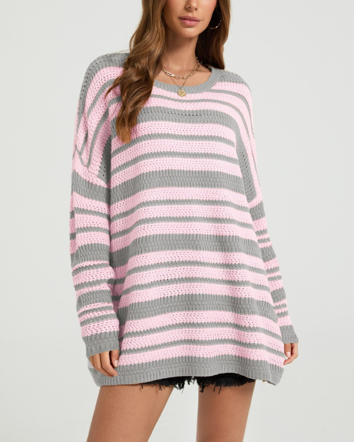 Slouchy Striped Tunic Sweater With Drop Shoulders - Pink - 3