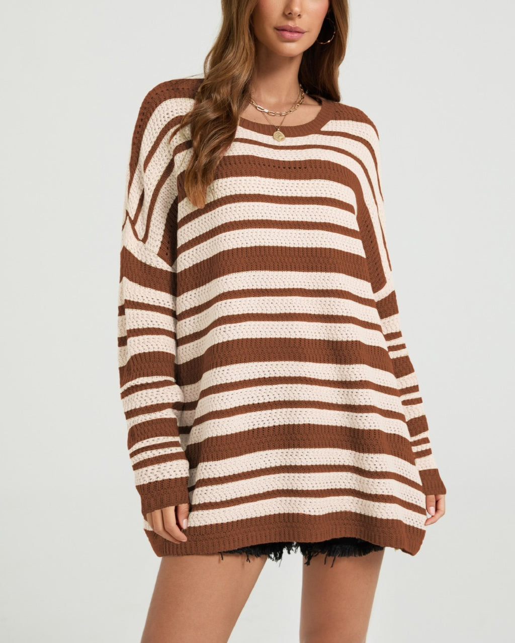 Slouchy Striped Tunic Sweater With Drop Shoulders - Rust