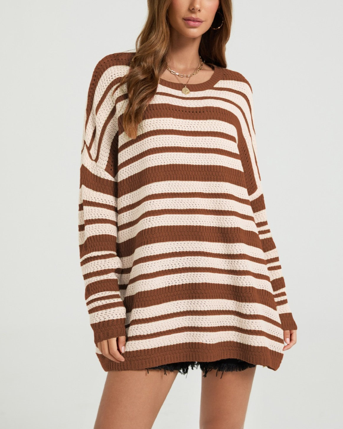 Slouchy Striped Tunic Sweater With Drop Shoulders - Rust