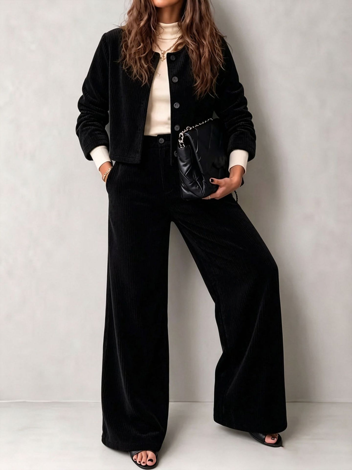 Corduroy Button Jacket and Wide Leg Pants Set - Black