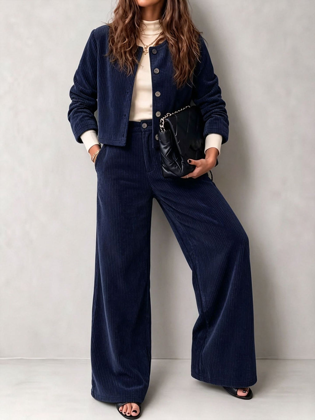 Corduroy Button Jacket and Wide Leg Pants Set - Dark_Blue