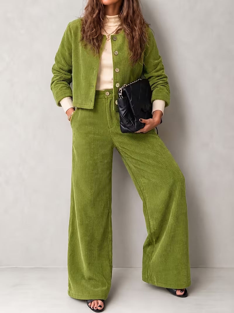 Corduroy Button Jacket and Wide Leg Pants Set - Green