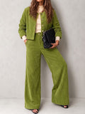 Corduroy Button Jacket and Wide Leg Pants Set - Green