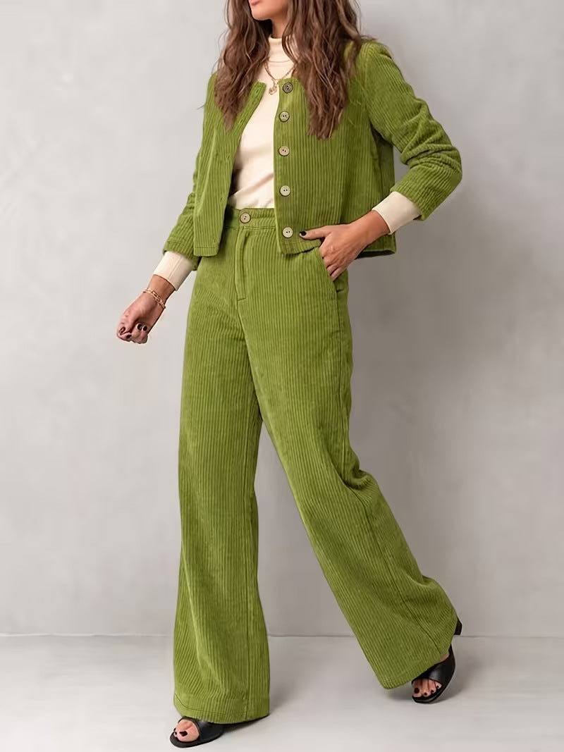 Corduroy Button Jacket and Wide Leg Pants Set - Green - 1
