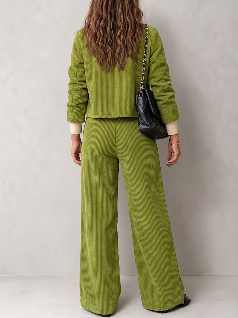 Corduroy Button Jacket and Wide Leg Pants Set - Green - 2