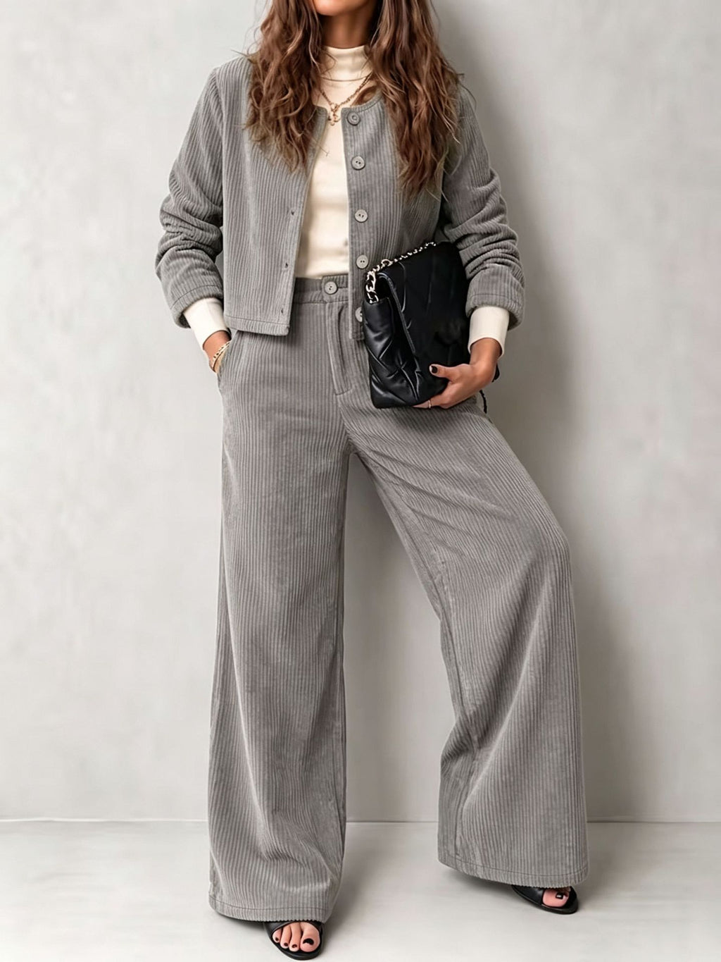 Corduroy Button Jacket and Wide Leg Pants Set - Grey