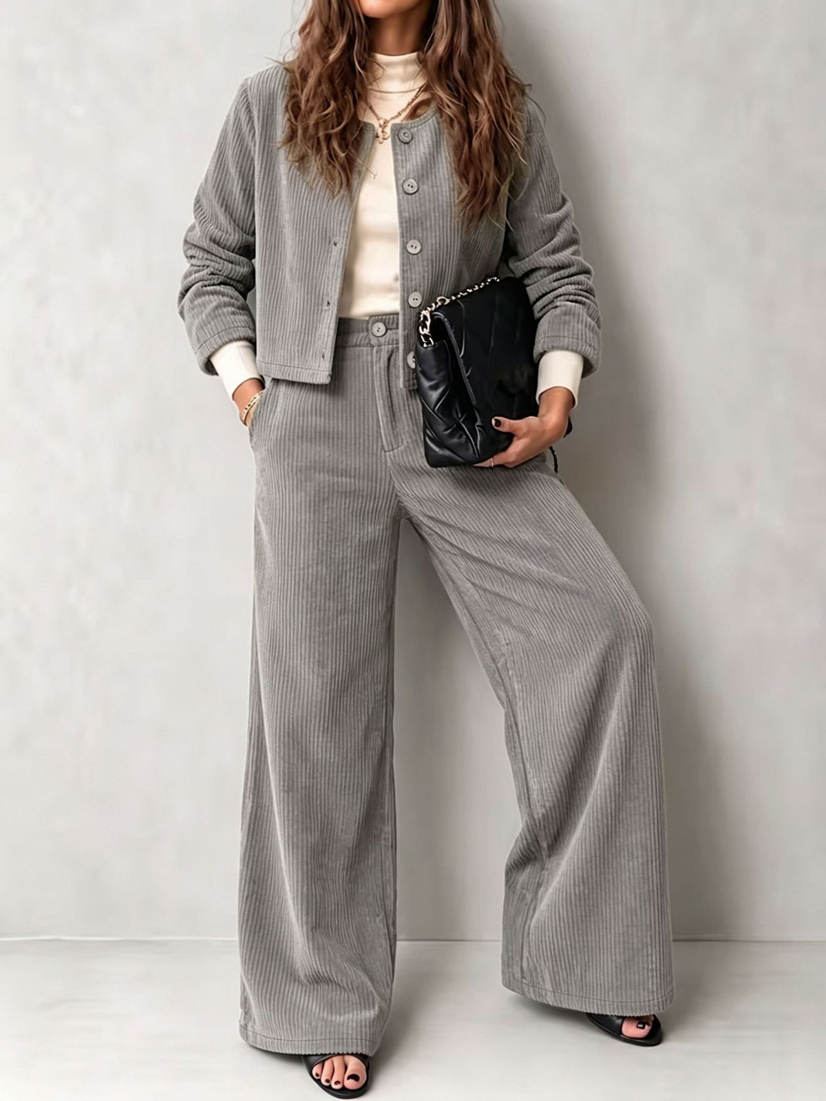 Corduroy Button Jacket and Wide Leg Pants Set - Grey