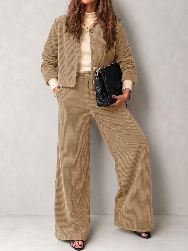 Corduroy Button Jacket and Wide Leg Pants Set - Khaki
