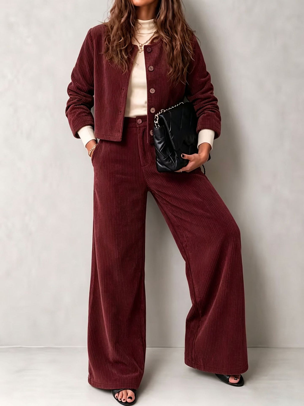 Corduroy Button Jacket and Wide Leg Pants Set - Wine_Red