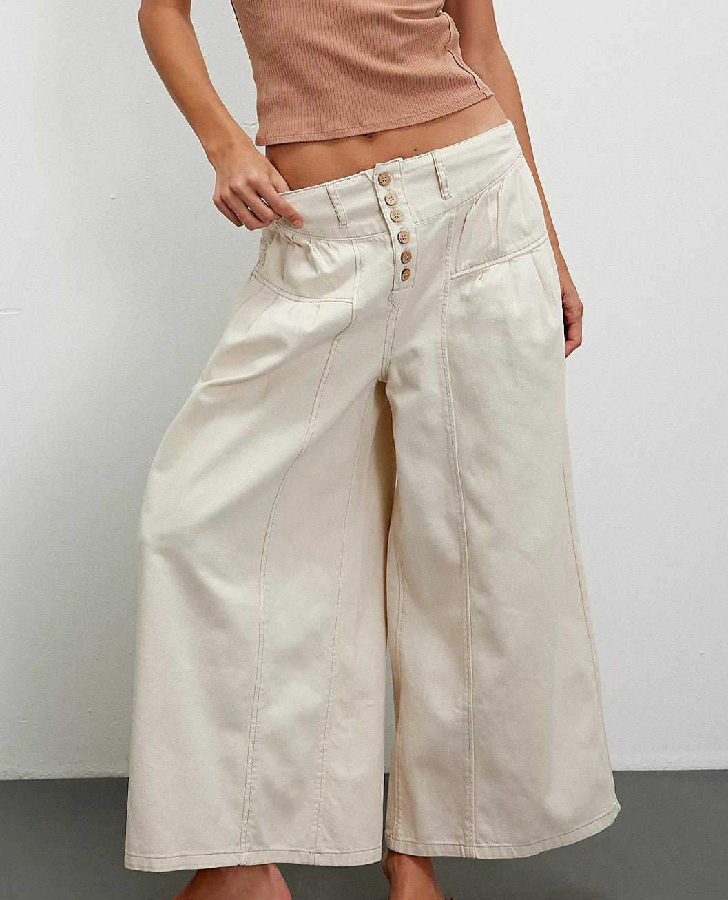 Button Fly Wide Leg Cropped Jeans - Beige