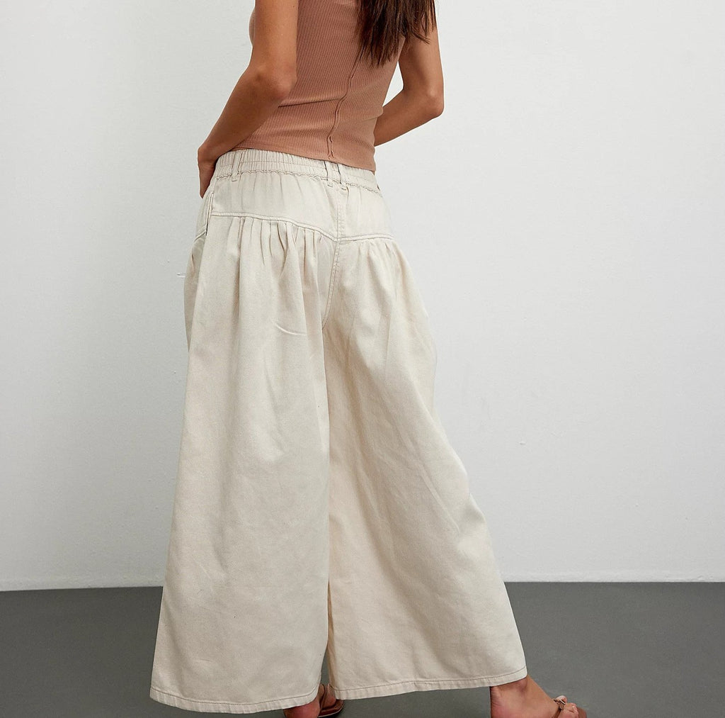 Button Fly Wide Leg Cropped Jeans - Beige - 1