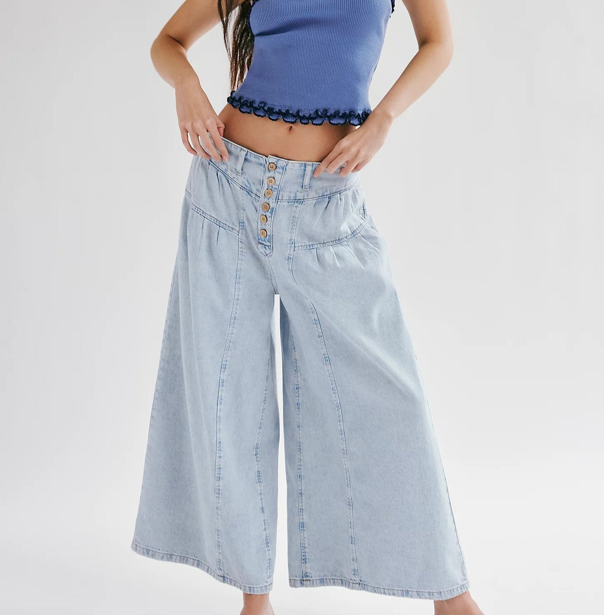 Button Fly Wide Leg Cropped Jeans - Blue
