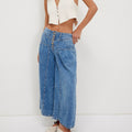 Button Fly Wide Leg Cropped Jeans - Darkblue