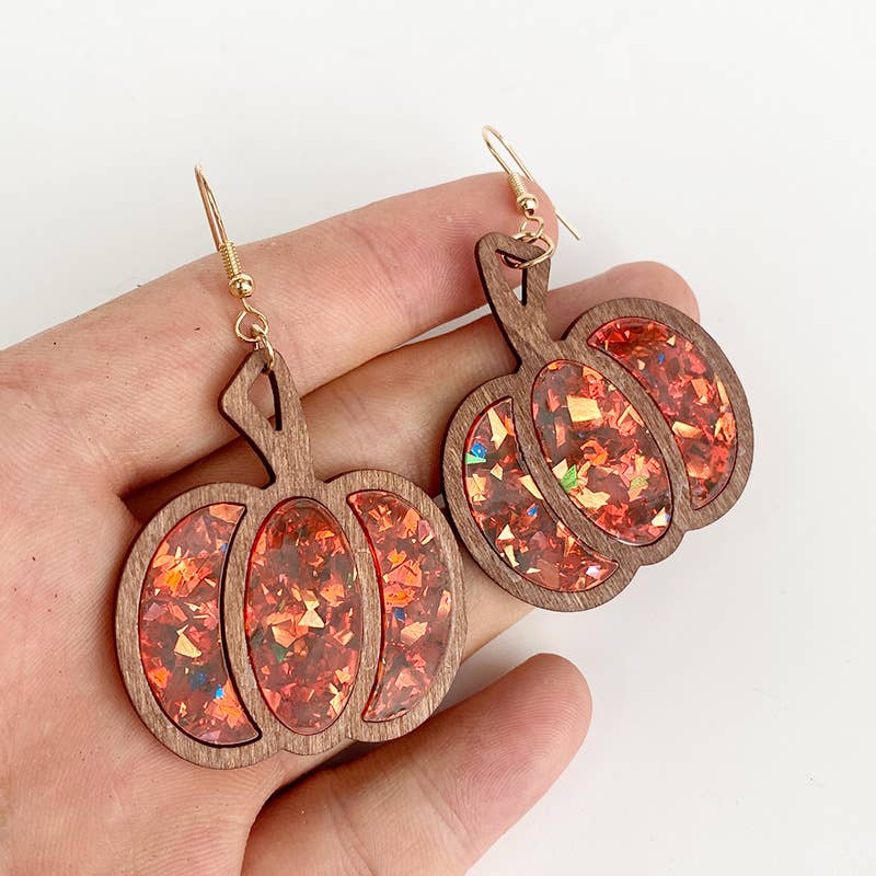 Glitter Confetti Autumn Pumpkin Drop Earrings