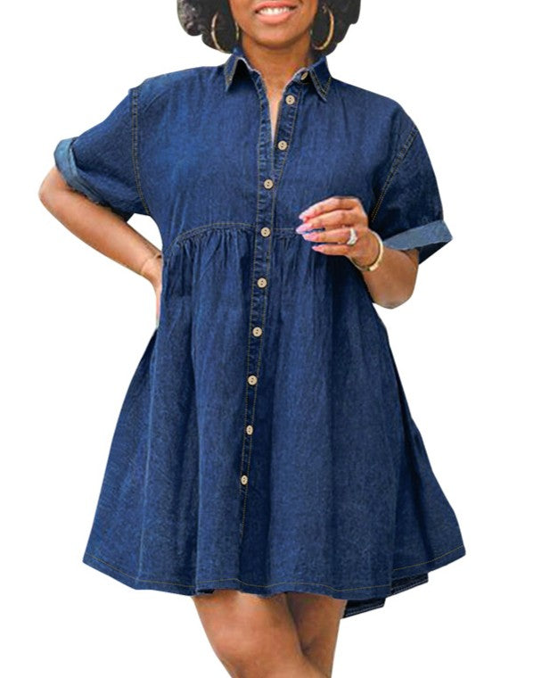 Collared Denim Mini Dress With Tiered Skirt - Blue
