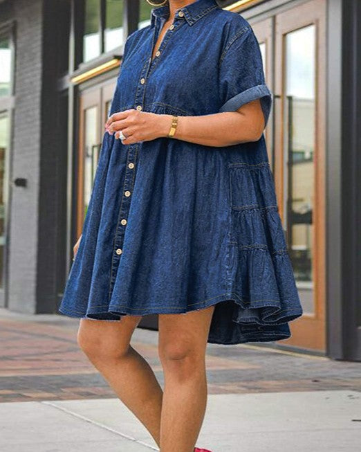 Collared Denim Mini Dress With Tiered Skirt - Blue - 1