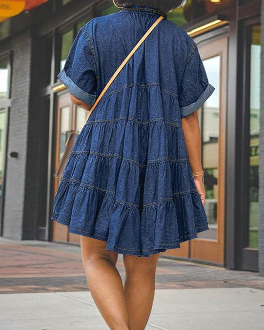 Collared Denim Mini Dress With Tiered Skirt - Blue - 2