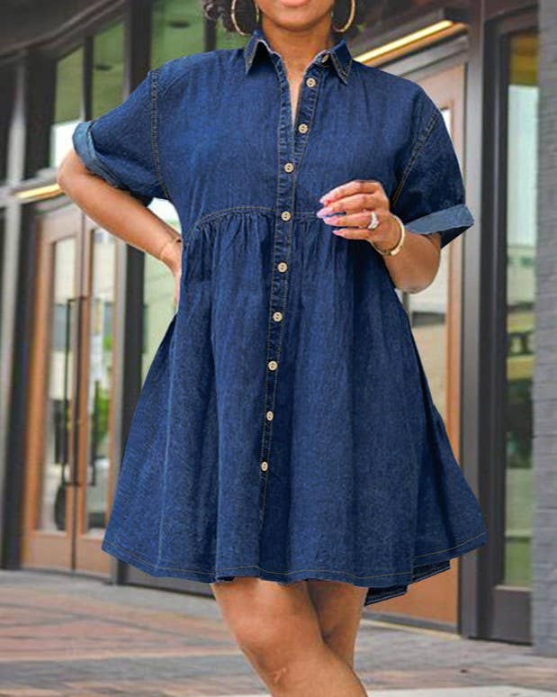 Collared Denim Mini Dress With Tiered Skirt