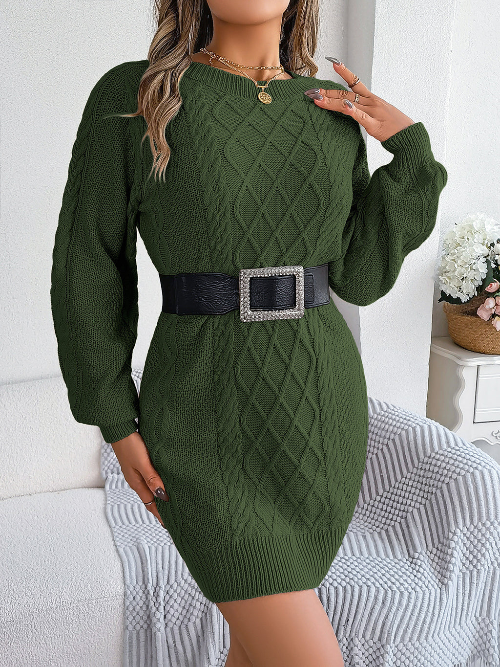 Cable Knit Lantern Sleeve Mini Sweater Dress - Green