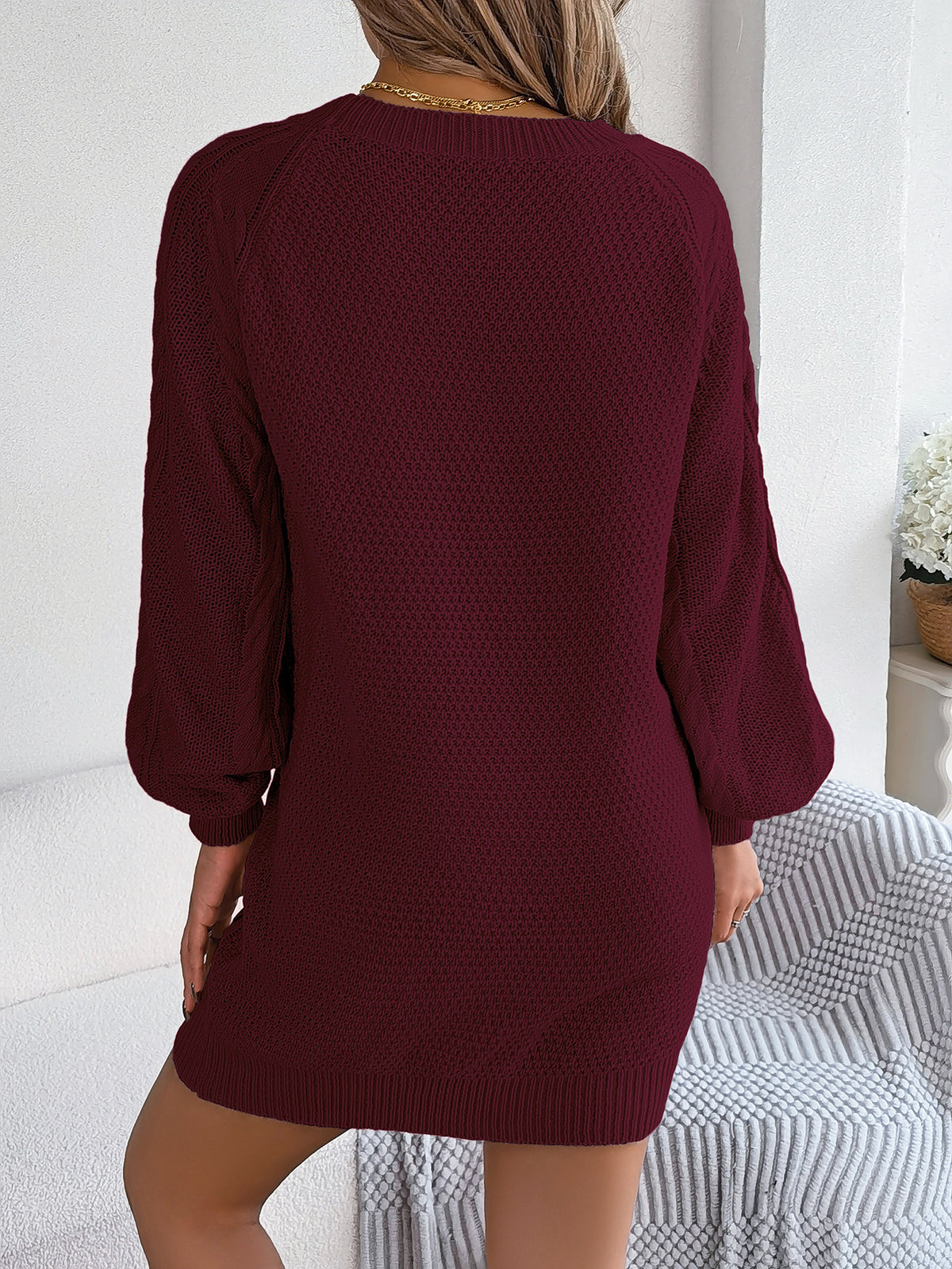 Cable Knit Lantern Sleeve Mini Sweater Dress - Winered - 1
