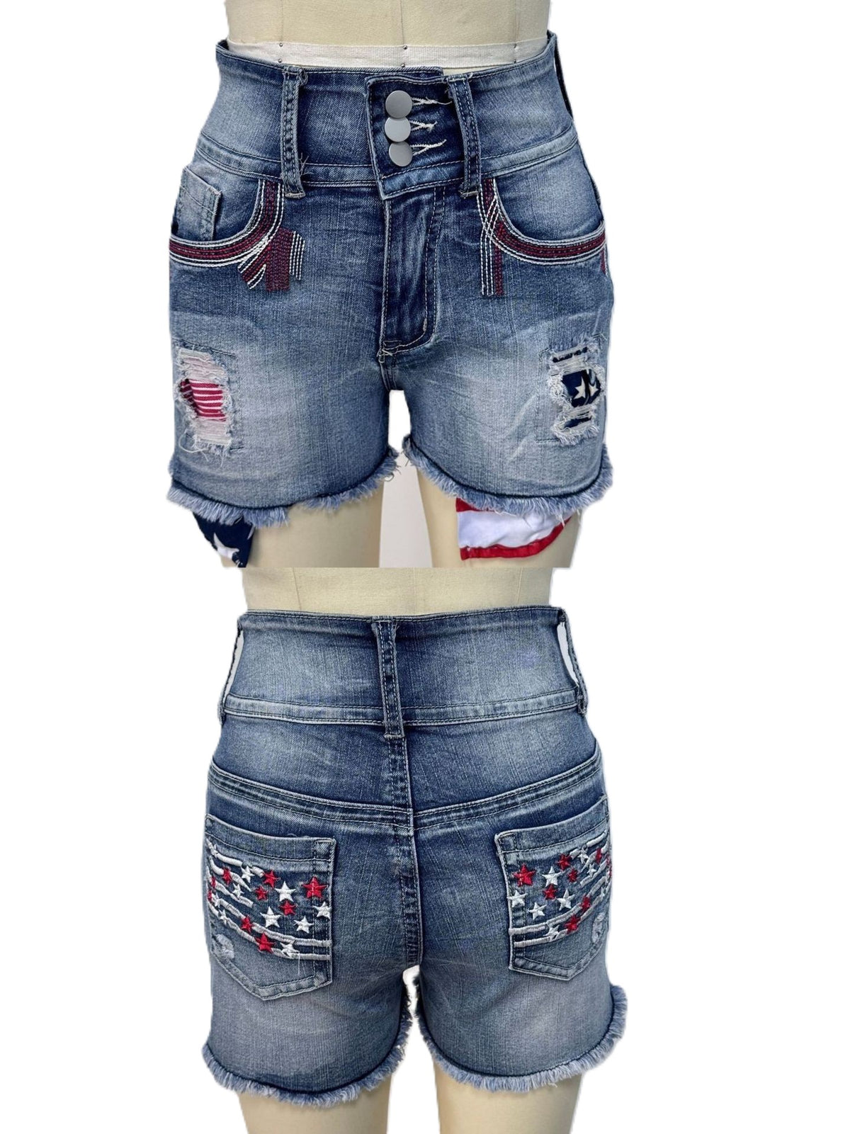 Distressed Denim Shorts With Flag Patches - Blue - 1