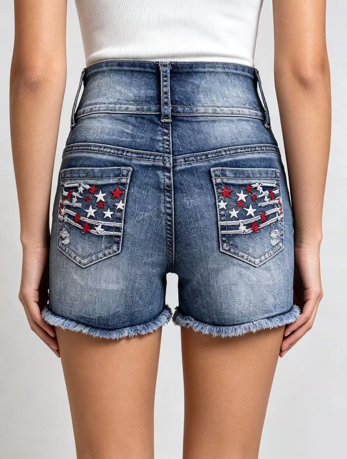 Distressed Denim Shorts With Flag Patches - Blue - 2