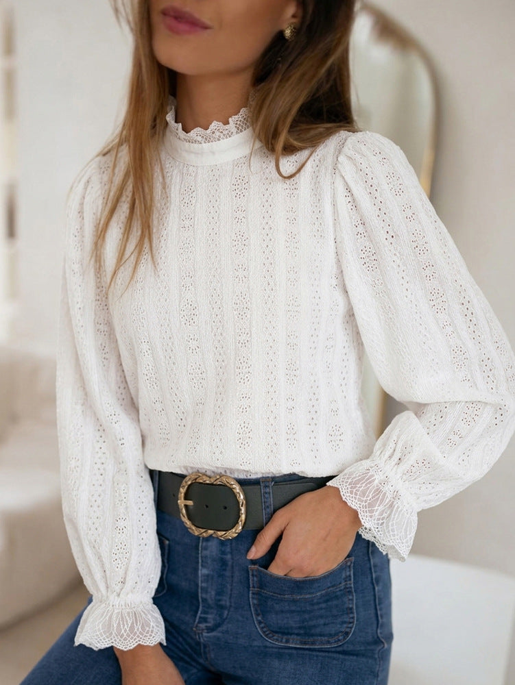 Eyelet Lace Ruffle Neck Puff Sleeve Blouse - White