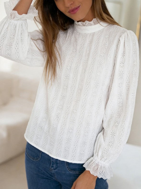 Eyelet Lace Ruffle Neck Puff Sleeve Blouse - White - 1