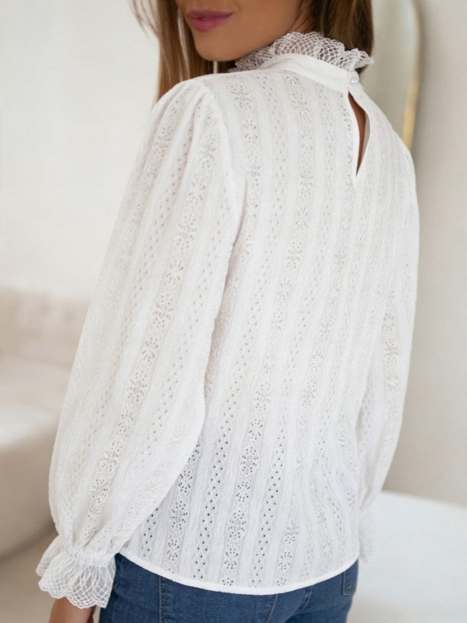 Eyelet Lace Ruffle Neck Puff Sleeve Blouse - White - 2