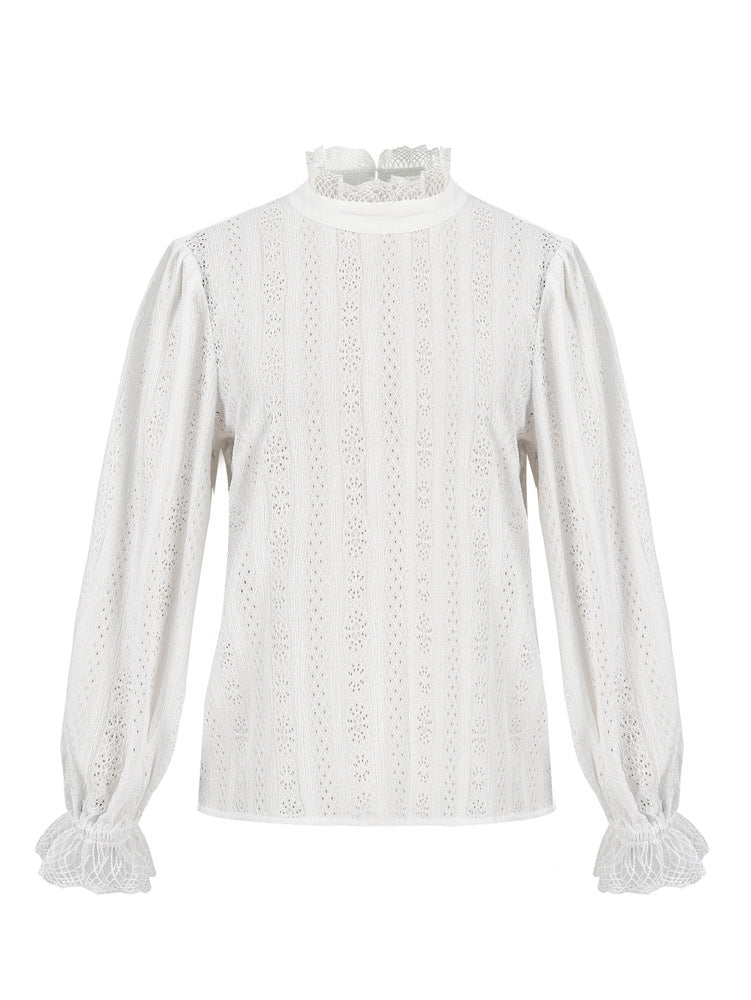 Eyelet Lace Ruffle Neck Puff Sleeve Blouse - White - 3
