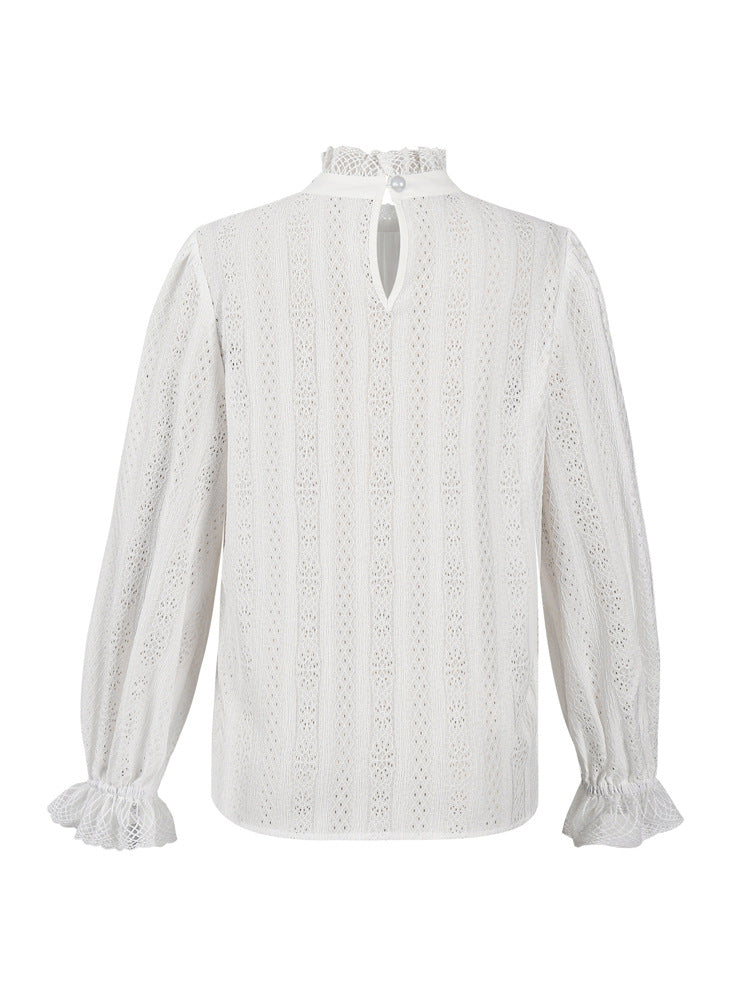 Eyelet Lace Ruffle Neck Puff Sleeve Blouse - White - 4