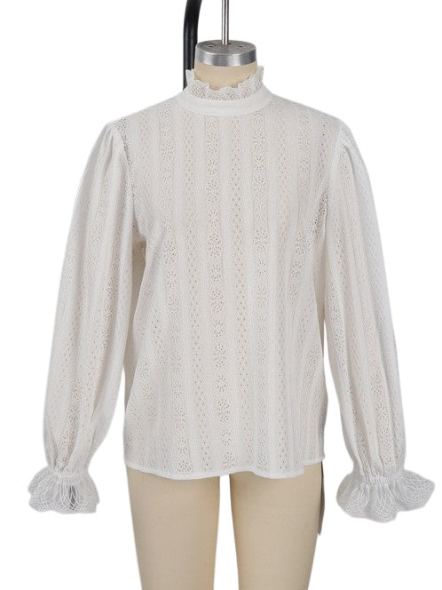 Eyelet Lace Ruffle Neck Puff Sleeve Blouse - White - 5