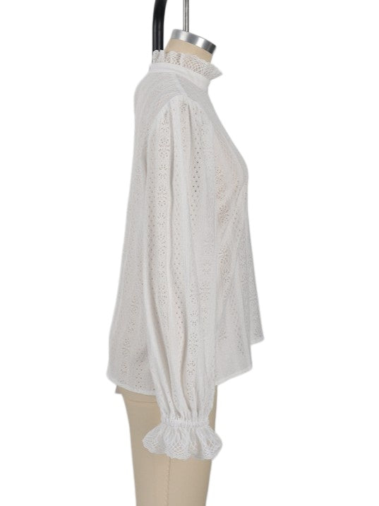 Eyelet Lace Ruffle Neck Puff Sleeve Blouse - White - 6