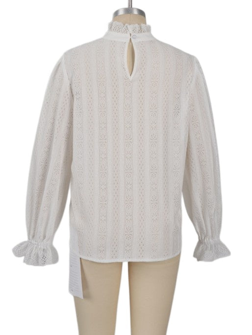 Eyelet Lace Ruffle Neck Puff Sleeve Blouse - White - 7