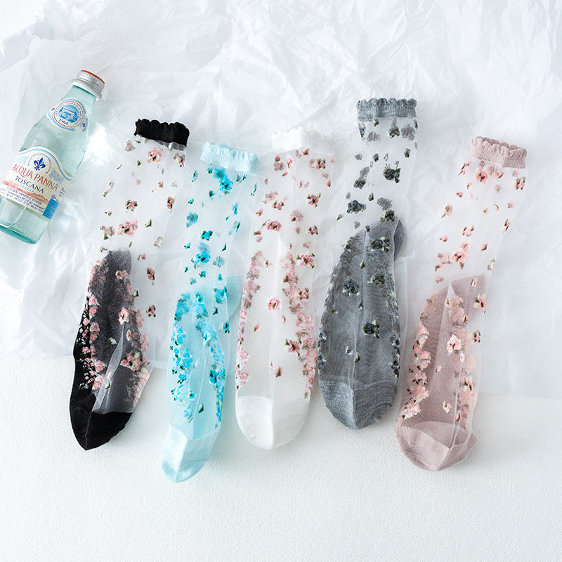 Ditsy Floral Sheer Mesh Ruffle Socks - Blue - 3