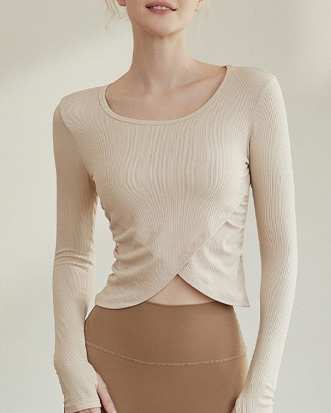 Crossover Hem Ribbed Knit Workout Top - Apricot