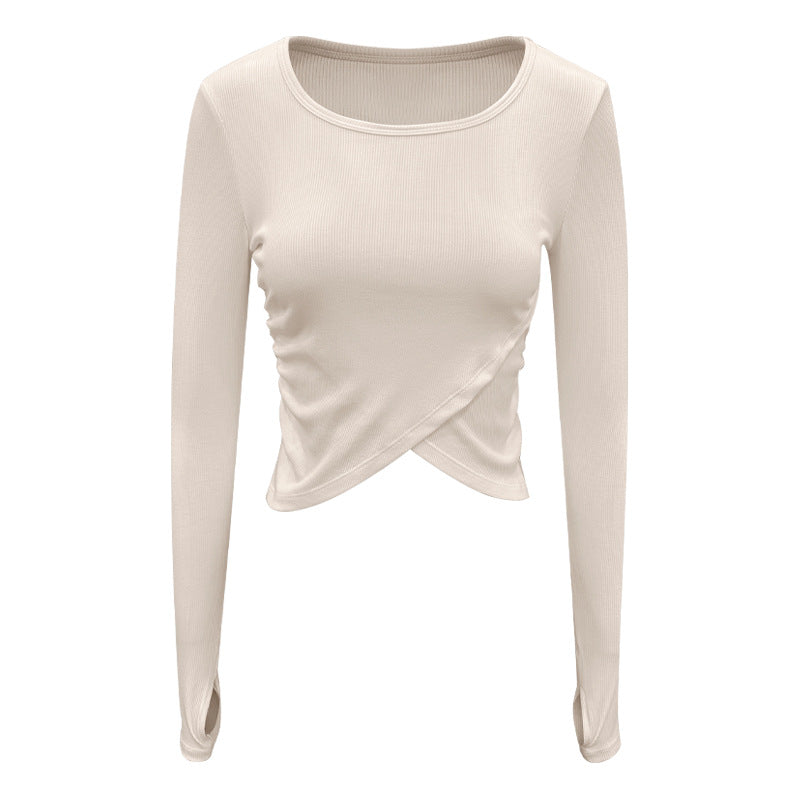 Crossover Hem Ribbed Knit Workout Top - Apricot - 1
