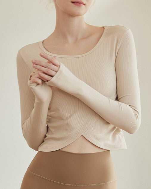 Crossover Hem Ribbed Knit Workout Top - Apricot - 3
