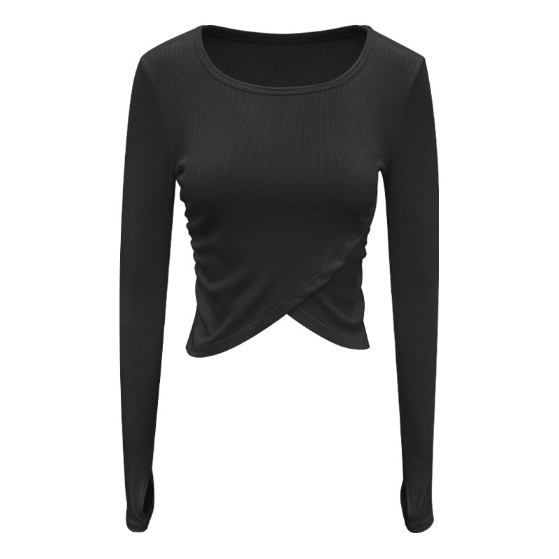 Crossover Hem Ribbed Knit Workout Top - Black