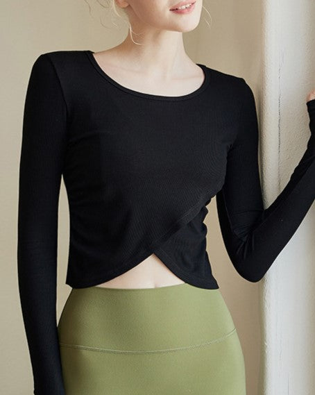 Crossover Hem Ribbed Knit Workout Top - Black - 1