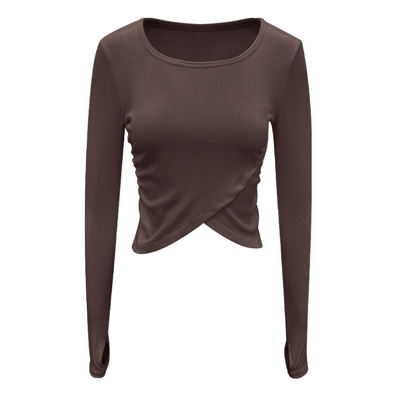 Crossover Hem Ribbed Knit Workout Top - Brown