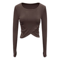Crossover Hem Ribbed Knit Workout Top - Brown