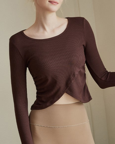 Crossover Hem Ribbed Knit Workout Top - Brown - 2