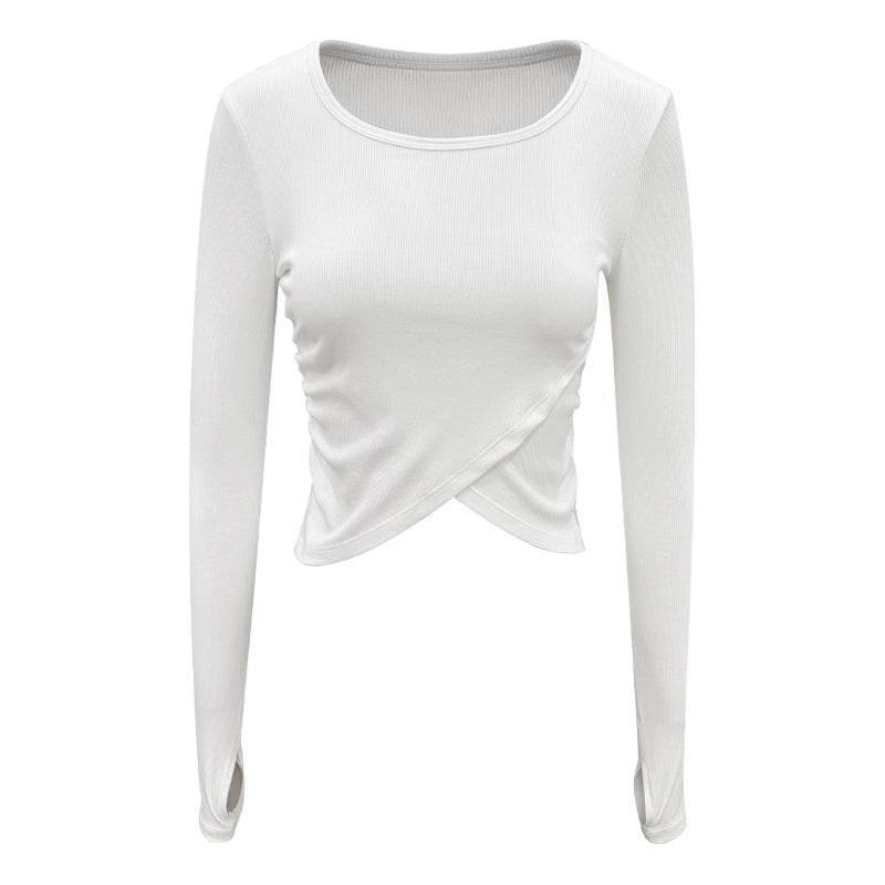 Crossover Hem Ribbed Knit Workout Top - White