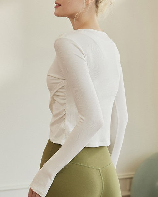 Crossover Hem Ribbed Knit Workout Top - White - 2