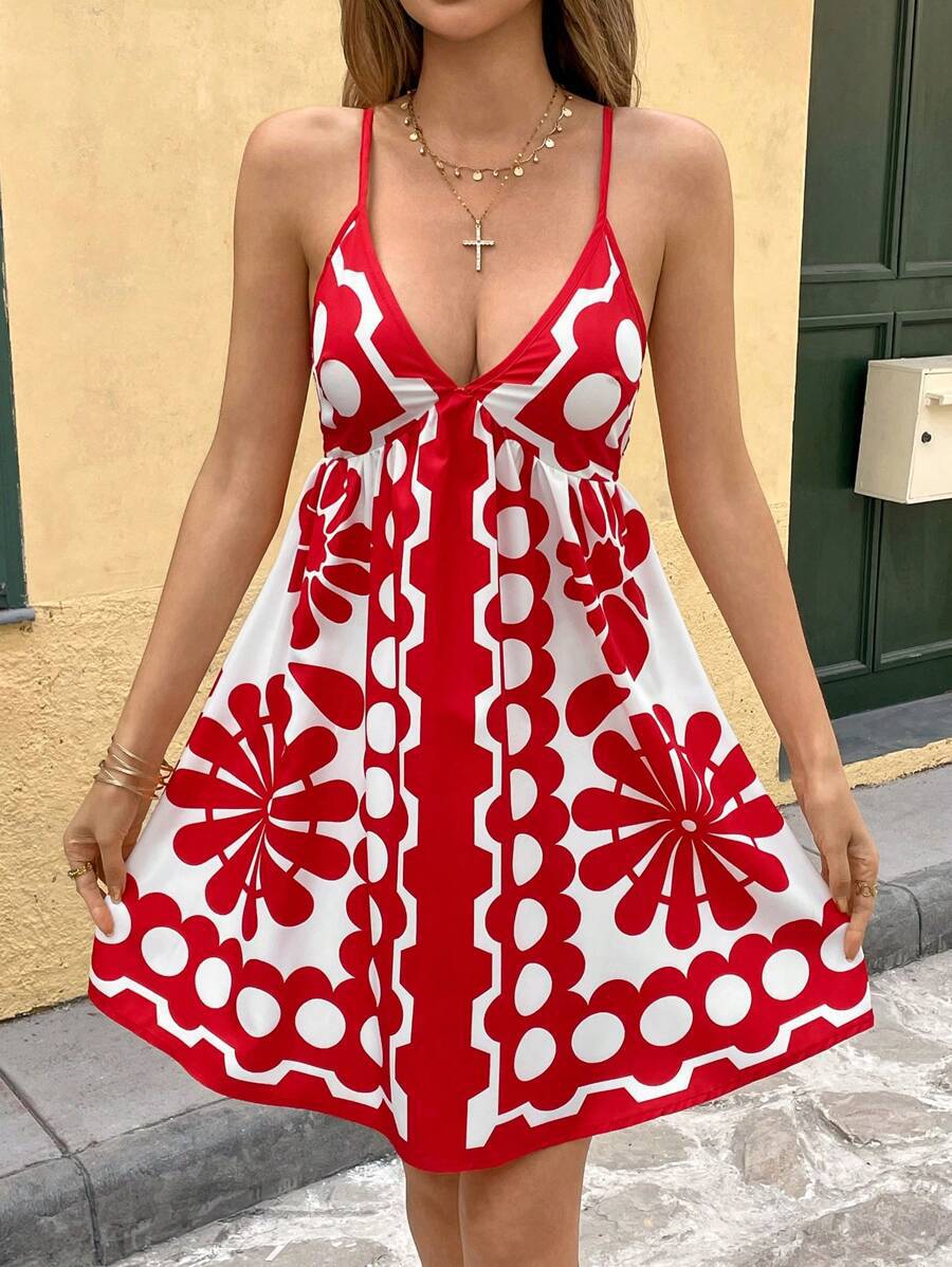 Retro Floral Cami Babydoll Mini Dress - Red